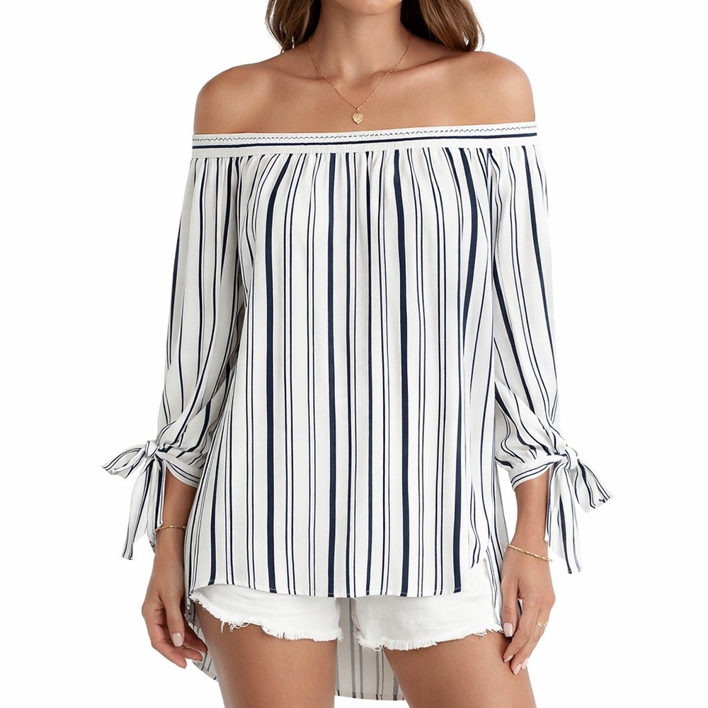Verte Women's Off Shoulder Striped Blouse Navy White Tie Sleeve Top Size M